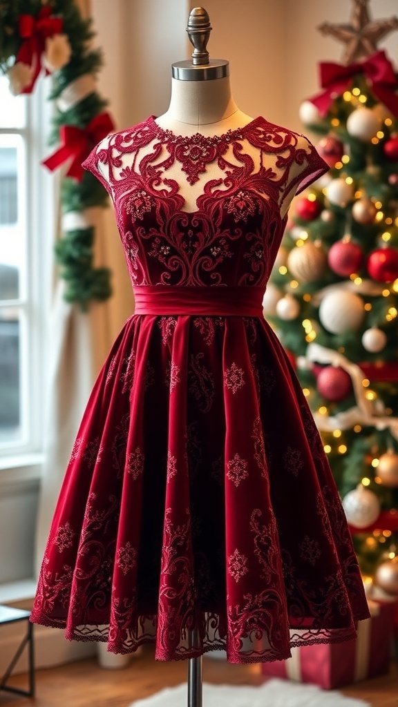 Elegant red velvet Christmas dress with lace details on a mannequin, surrounded by festive decorations.